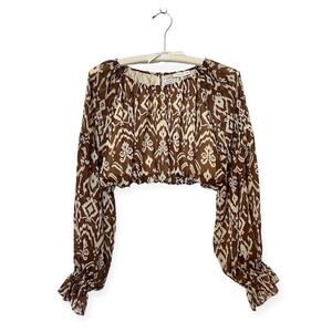 [NWT] Moon River Bohemian Brown Ikat Print Long Sleeve Crop Top - Sz S